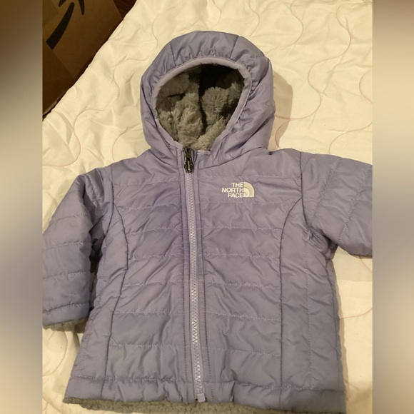 North Face infant reversible moss bud swirl hooded fleece winter jacket. Sz 3/6M - Picture 6 of 15